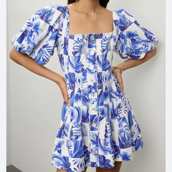 Caroline Constas white blue linen blend Garden tile Farm mini dress Sz 6 Party - Picture 3 of 15